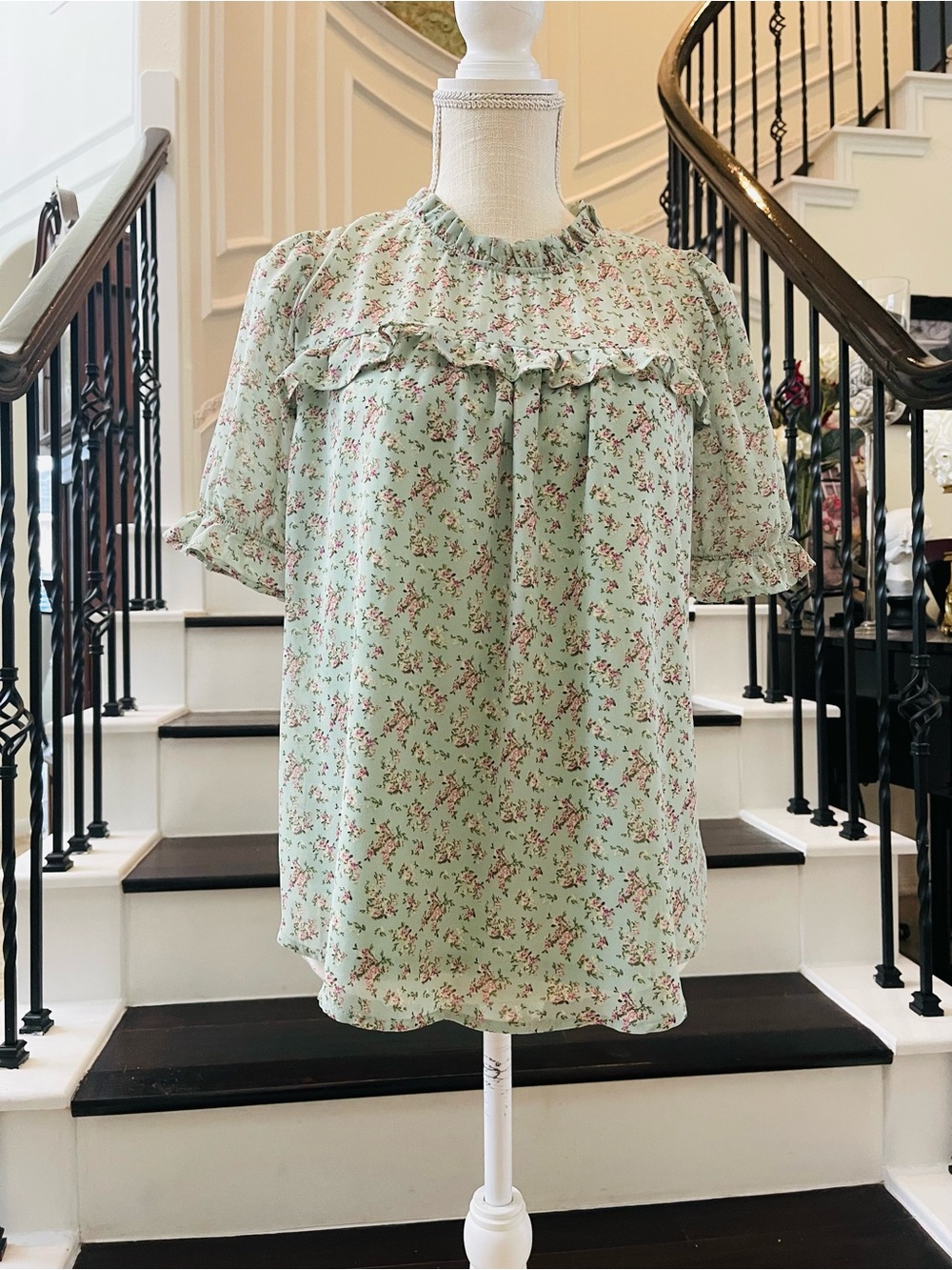 Monteau sage green/blue Floral blouse with Pink and Green Print